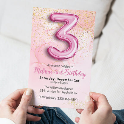 Editable Pink 3rd Birthday Invitation Template, Glitter Girl Birthday Party Invite, Pink Foil Girl Third Birthday Invite, Instant Download