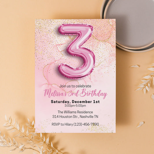 Editable Pink 3rd Birthday Invitation Template, Glitter Girl Birthday Party Invite, Pink Foil Girl Third Birthday Invite, Instant Download