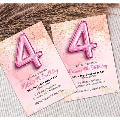 Editable Pink 4th Birthday Invitation Template, Glitter Girl Birthday Party Invite, Pink Foil Girl Fourth Birthday Invite, Instant Download