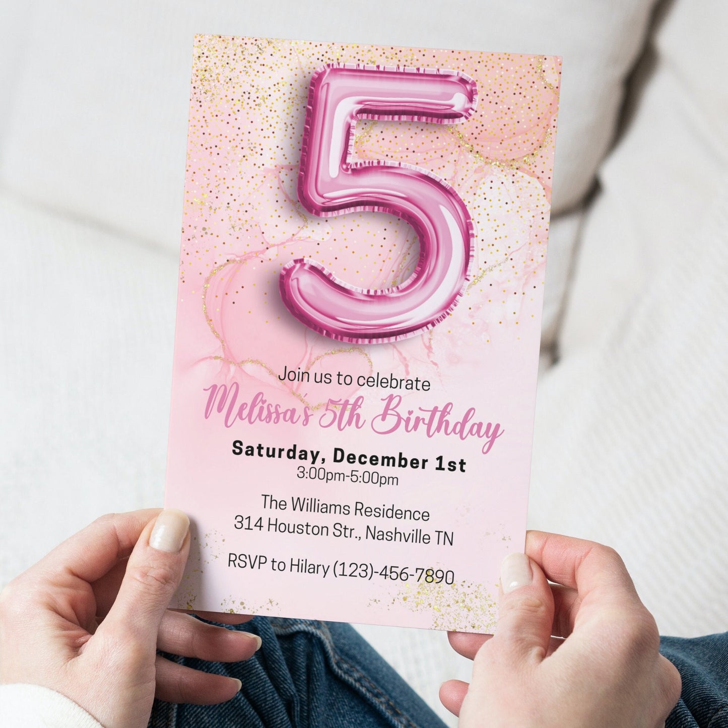 Editable Pink 5th Birthday Invitation Template, Glitter Girl Birthday Party Invite, Pink Foil Girl Fifth Birthday Invite, Instant Download