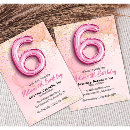 Editable Pink 6th Birthday Invitation Template, Glitter Girl Birthday Party Invite, Pink Foil Girl Sixth Birthday Invite, Instant Download