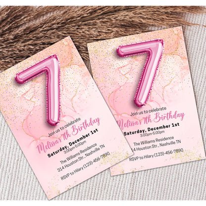 Editable Pink 7th Birthday Invitation Template, Glitter Girl Birthday Party Invite, Pink Foil Girl Seventh Birthday Invite, Instant Download