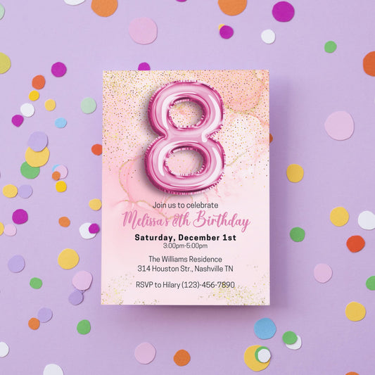 Editable Pink 8th Birthday Invitation Template, Glitter Girl Birthday Party Invite, Pink Foil Girl Eighth Birthday Invite, Instant Download