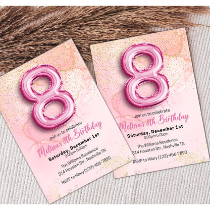 Editable Pink 8th Birthday Invitation Template, Glitter Girl Birthday Party Invite, Pink Foil Girl Eighth Birthday Invite, Instant Download