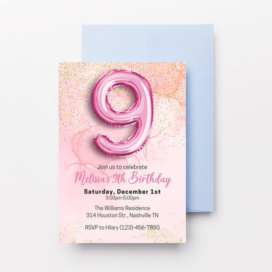 Editable Pink 9th Birthday Invitation Template, Glitter Girl Birthday Party Invite, Pink Foil Girl Ninth Birthday Invite, Instant Download