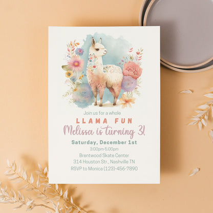 Llama Birthday Invitation Template, Girl Llama Birthday Party Invite, A Whole Llama Fun Birthday, Llama Invite, Editable Instant Download