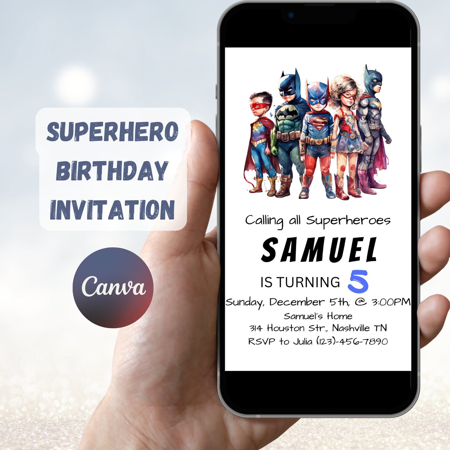 Superhero Birthday Invitation Template, Editable Superheroes Boy Birthday Invite, Kids Birthday Invitation, Digital Download, Printable