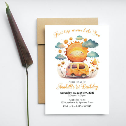 First Trip Around the Sun Birthday Invitation, Sun Birthday, Sunshine 1st Birthday Invitation, First Birthday Invite, Editable Download