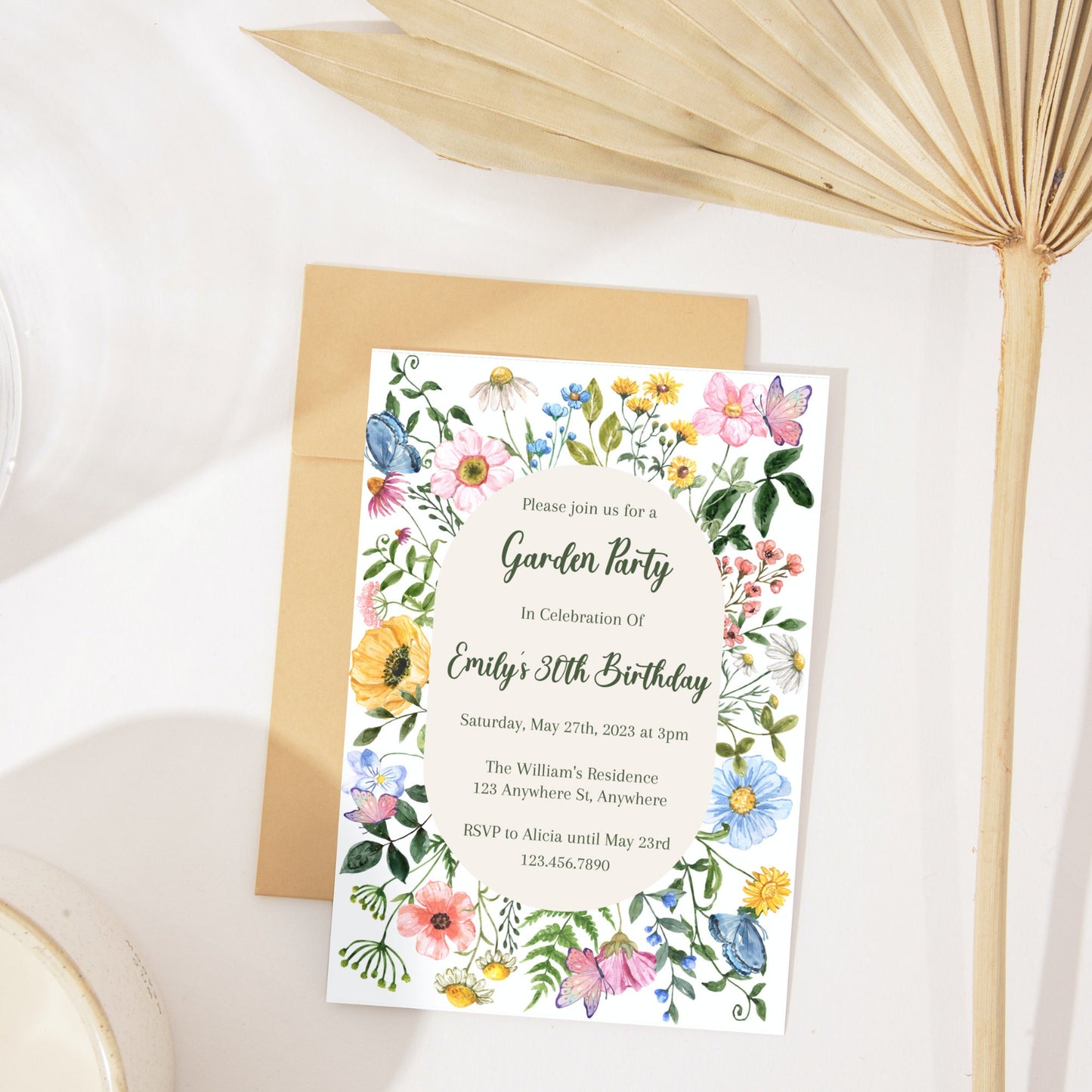 Garden Party Invitation, Wildflower Birthday Invitation, Floral Birthday Invitation, Butterfly Party, Editable Template, Instant Download