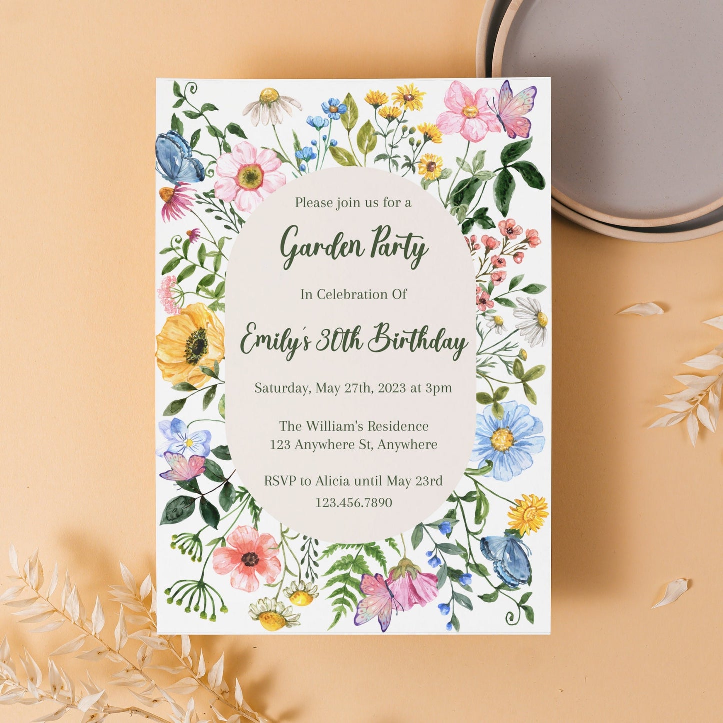 Garden Party Invitation, Wildflower Birthday Invitation, Floral Birthday Invitation, Butterfly Party, Editable Template, Instant Download