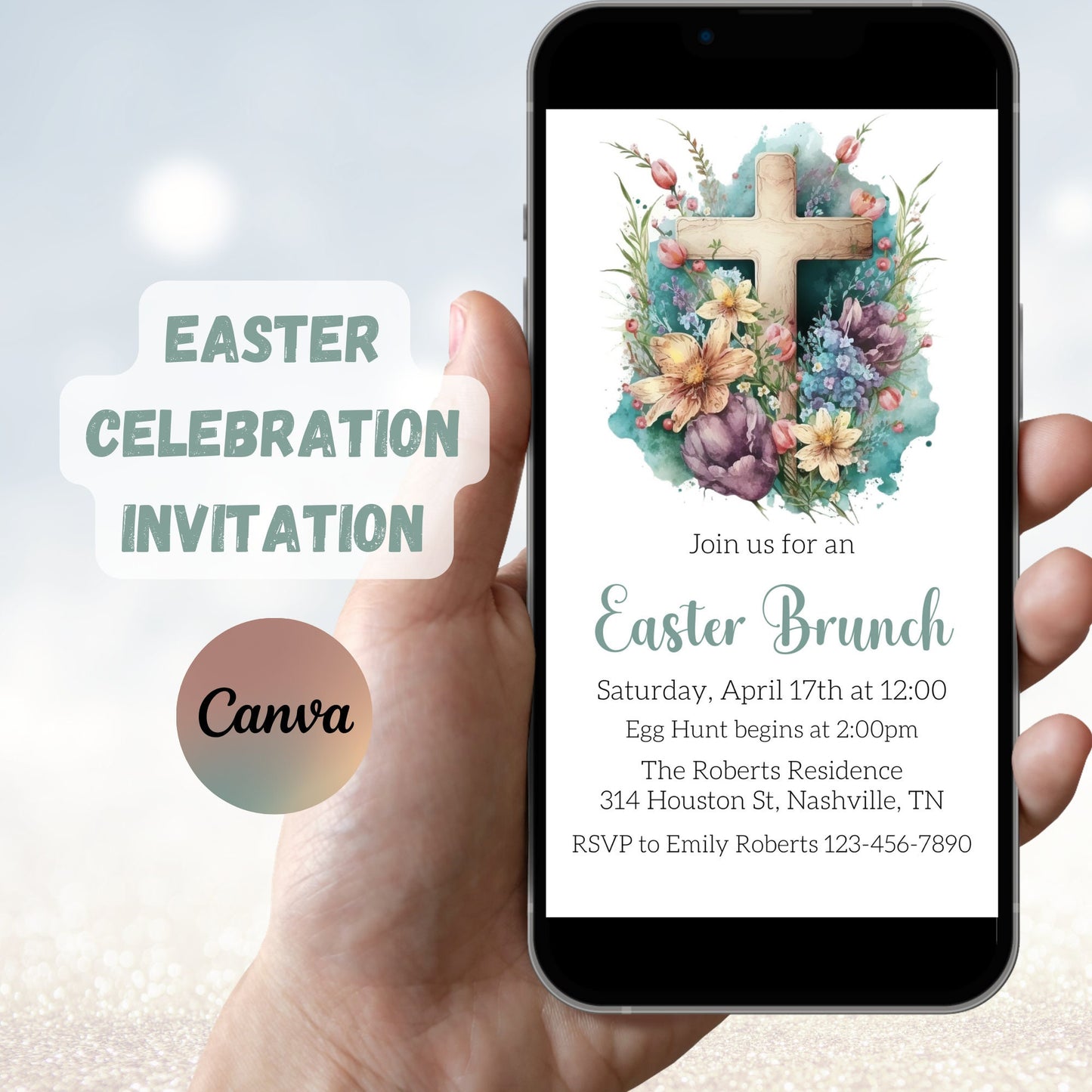 Cross Easter Party Invitation, Cross Invitation, Easter Brunch Invite, Easter Celebration Party, Easter Sunday Invitation, Editable Template