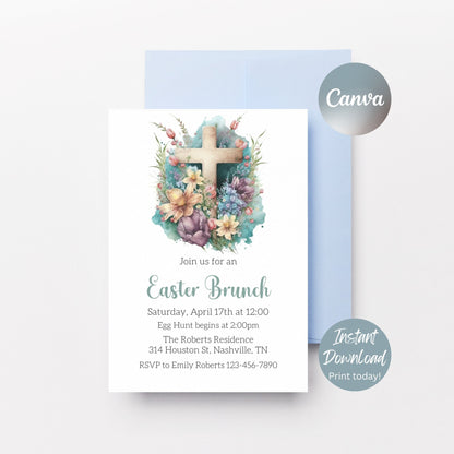 Cross Easter Party Invitation, Cross Invitation, Easter Brunch Invite, Easter Celebration Party, Easter Sunday Invitation, Editable Template