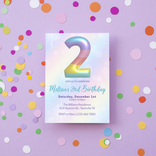 Editable Rainbow 2nd Birthday Invitation Template, Rainbow Girl Birthday Party Invite, Balloon Girl Second Birthday Invite, Instant Download