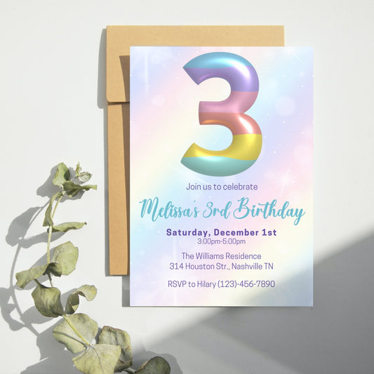 Editable Rainbow 3rd Birthday Invitation Template, Rainbow Birthday Party Invite, Balloon Girl Third Birthday Invite, Instant Download