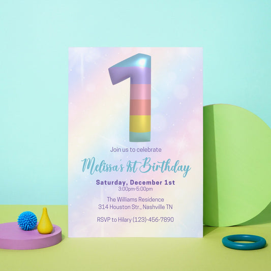 Editable Rainbow 1st Birthday Invitation Template, Rainbow Girl Birthday Party Invite, Balloon Girl First Birthday Invite, Instant Download