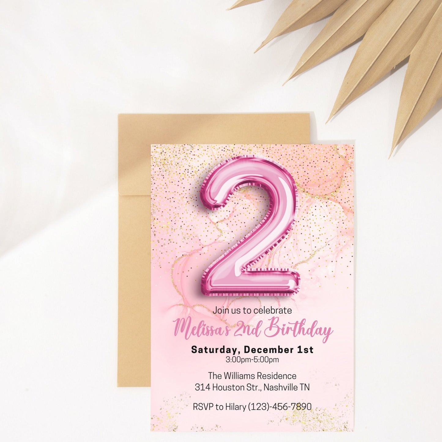 Editable Pink 2nd Birthday Invitation Template, Glitter Girl Birthday Party Invite, Pink Foil Girl Second Birthday Invite, Instant Download