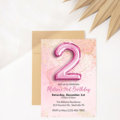 Editable Pink 2nd Birthday Invitation Template, Glitter Girl Birthday Party Invite, Pink Foil Girl Second Birthday Invite, Instant Download