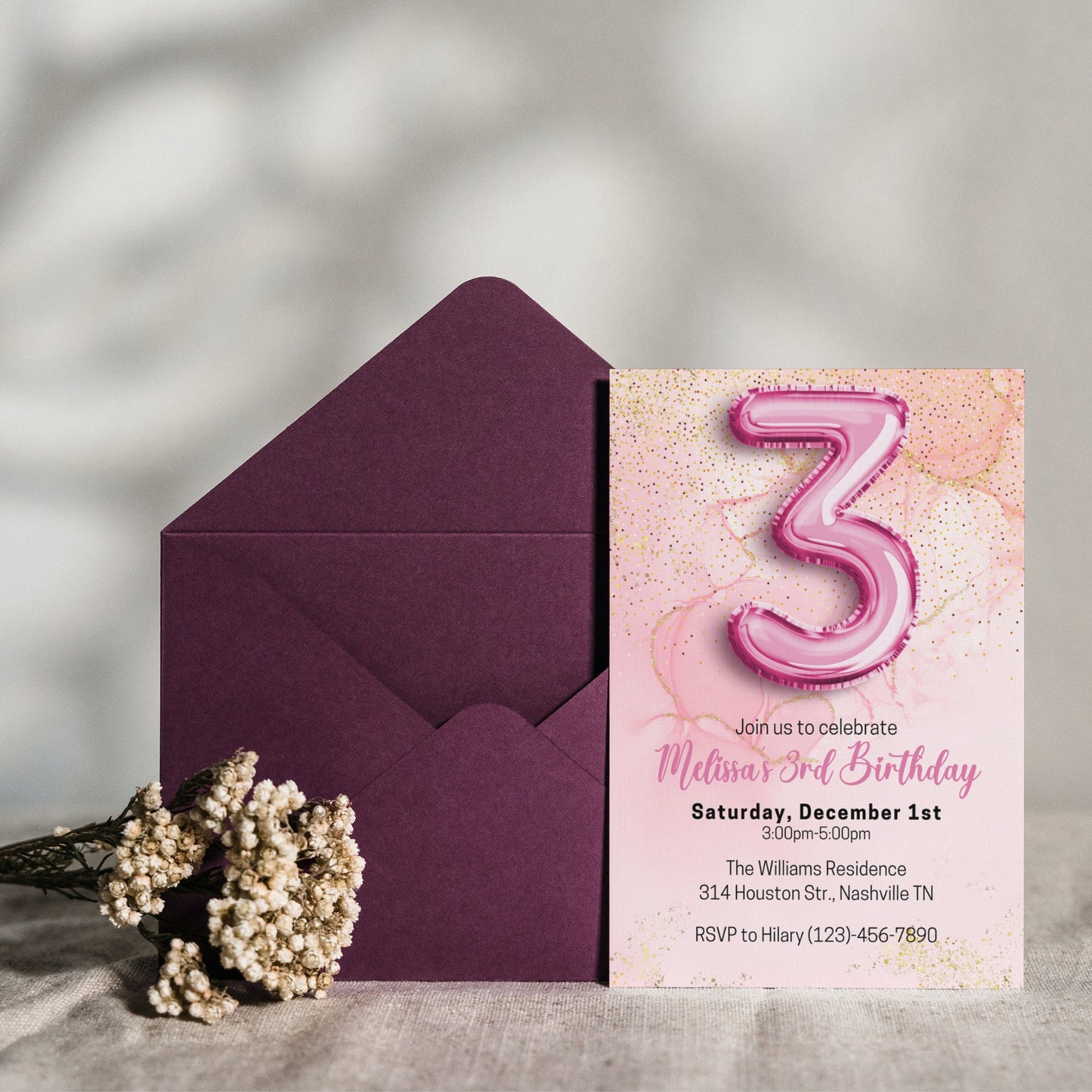 Editable Pink 3rd Birthday Invitation Template, Glitter Girl Birthday Party Invite, Pink Foil Girl Third Birthday Invite, Instant Download