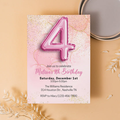 Editable Pink 4th Birthday Invitation Template, Glitter Girl Birthday Party Invite, Pink Foil Girl Fourth Birthday Invite, Instant Download