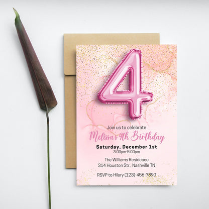 Editable Pink 4th Birthday Invitation Template, Glitter Girl Birthday Party Invite, Pink Foil Girl Fourth Birthday Invite, Instant Download