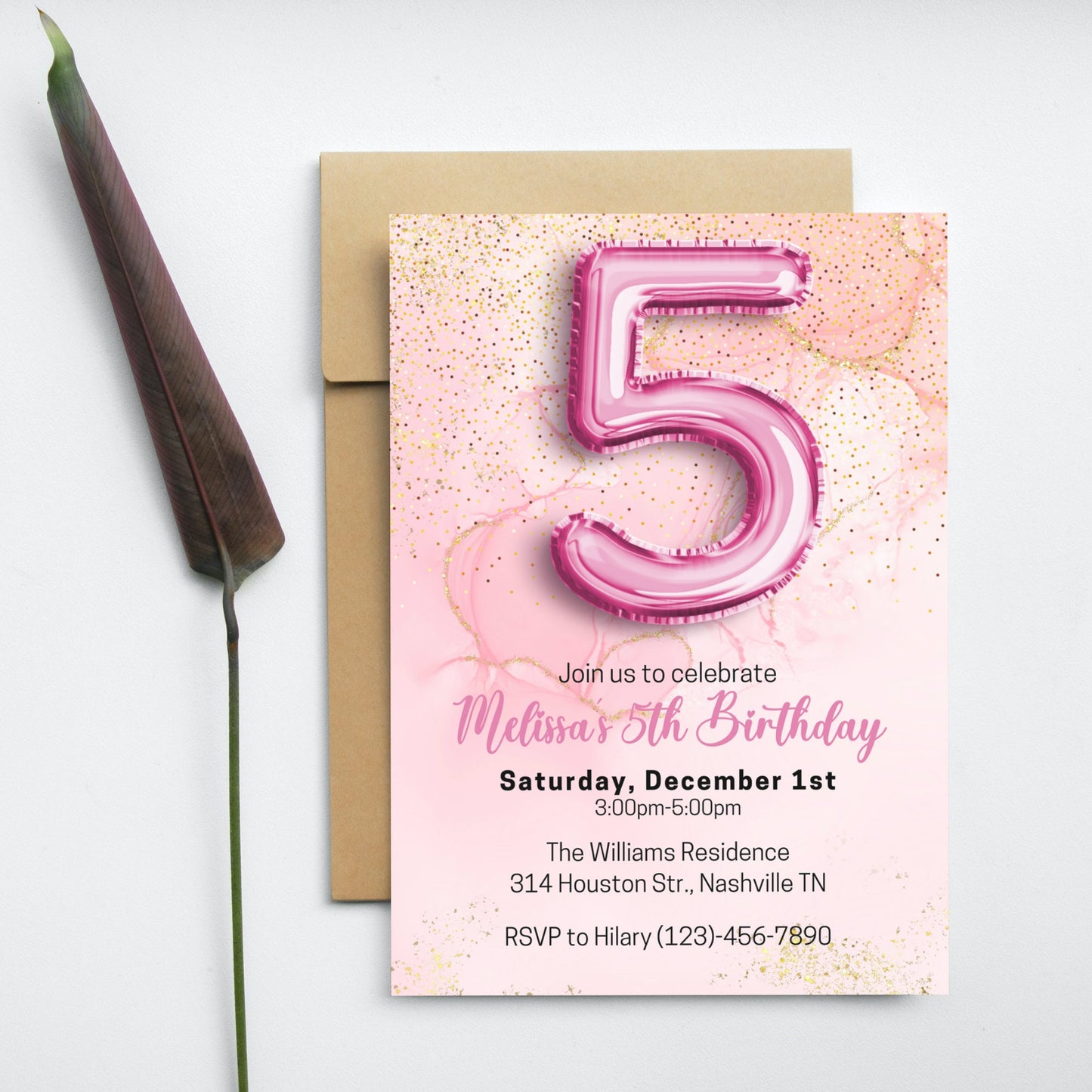 Editable Pink 5th Birthday Invitation Template, Glitter Girl Birthday Party Invite, Pink Foil Girl Fifth Birthday Invite, Instant Download