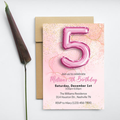 Editable Pink 5th Birthday Invitation Template, Glitter Girl Birthday Party Invite, Pink Foil Girl Fifth Birthday Invite, Instant Download