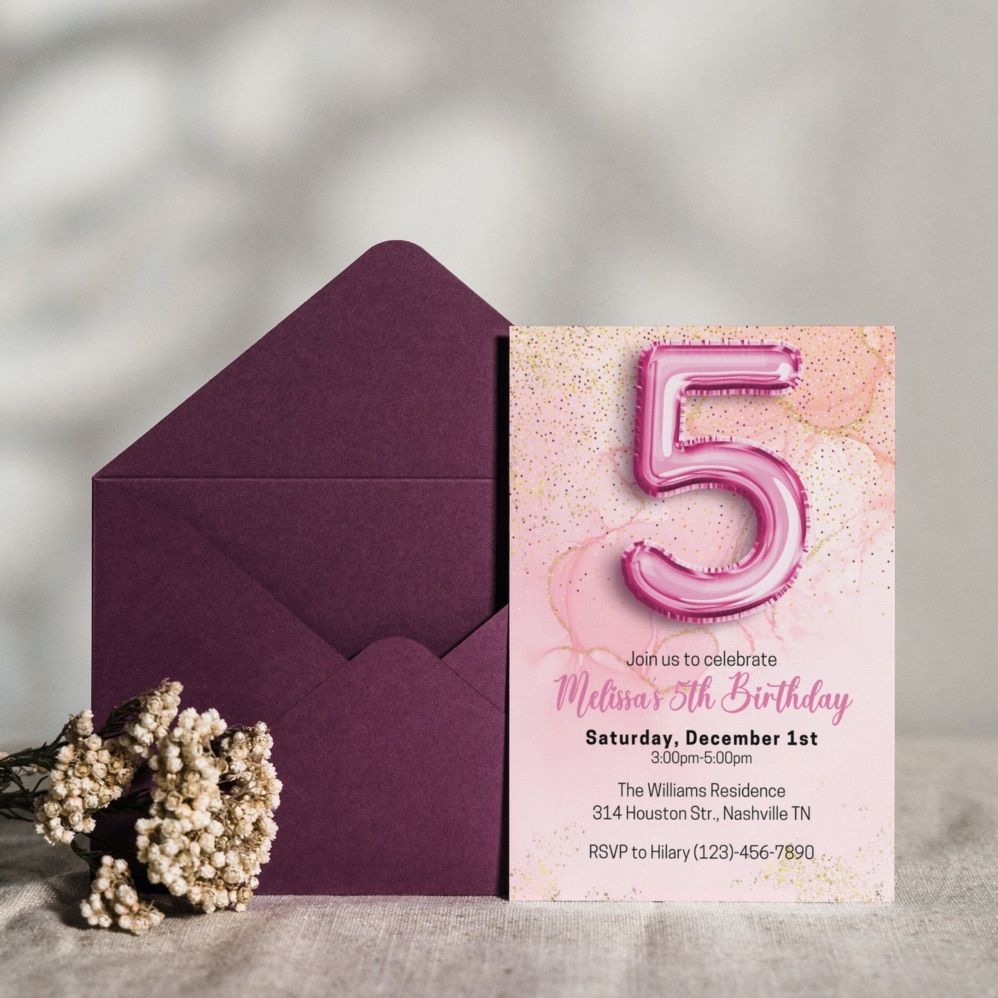 Editable Pink 5th Birthday Invitation Template, Glitter Girl Birthday Party Invite, Pink Foil Girl Fifth Birthday Invite, Instant Download