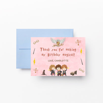 Wizard Birthday Thank You Card, Magical Birthday Party Thank You Card, Witch Party Invite, Girl Wizard Birthday Invite, Editable Download