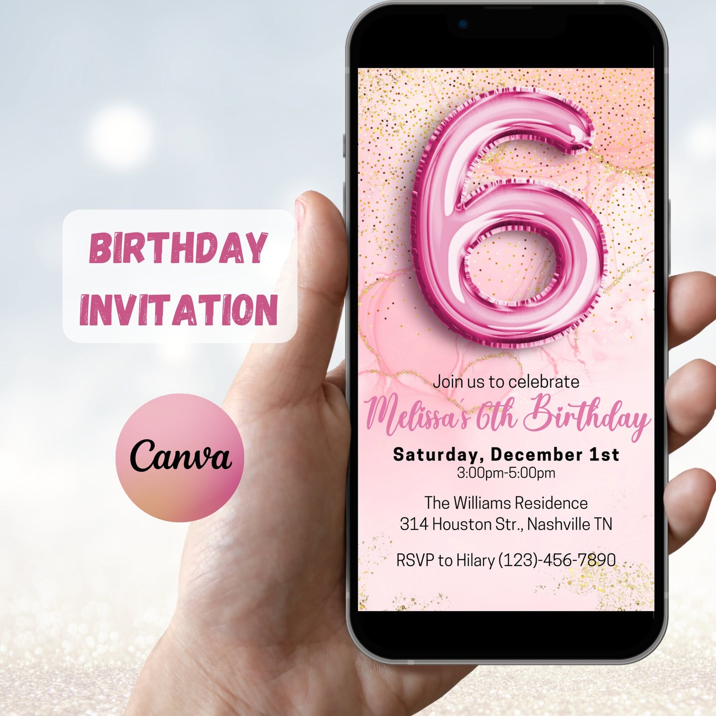 Editable Pink 6th Birthday Invitation Template, Glitter Girl Birthday Party Invite, Pink Foil Girl Sixth Birthday Invite, Instant Download