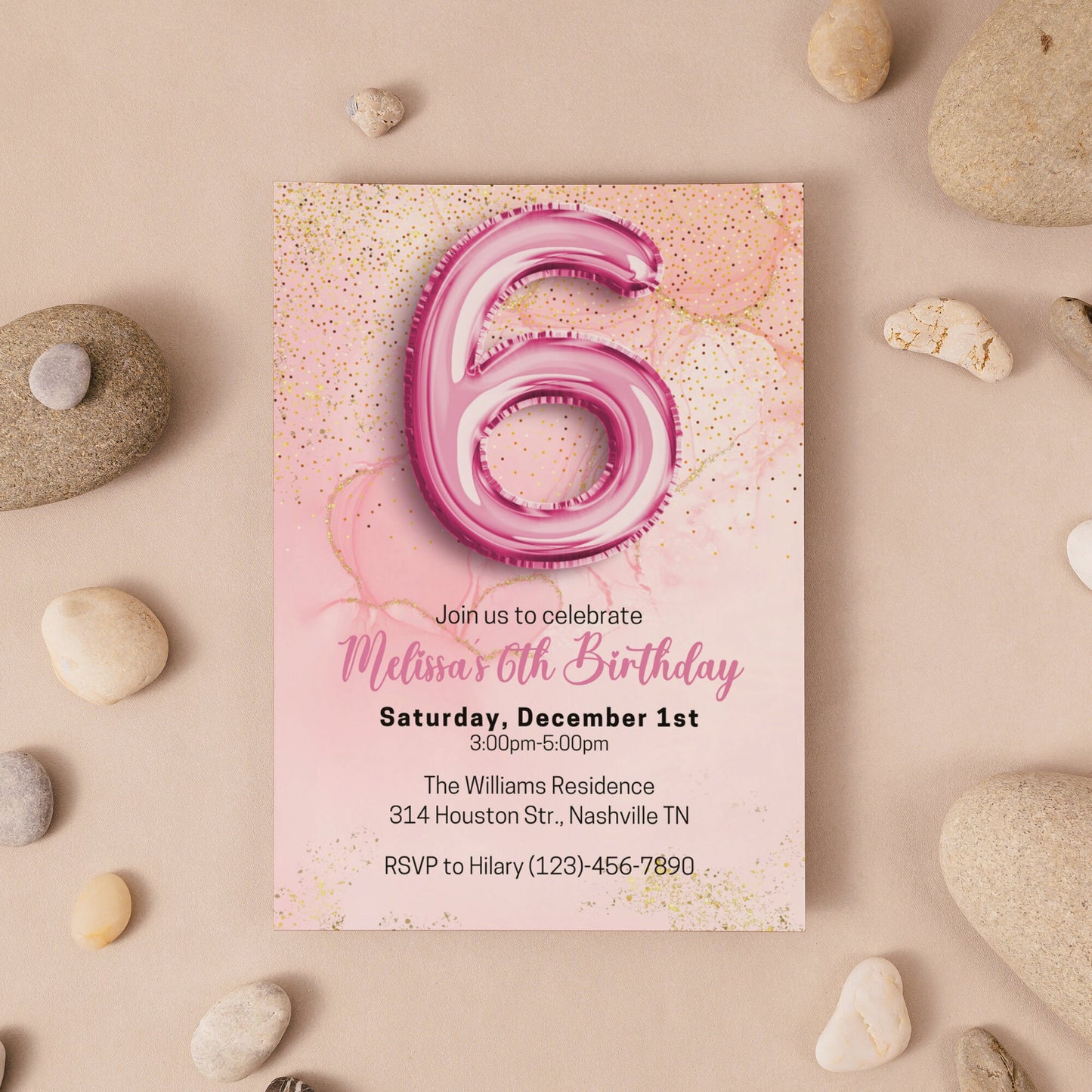 Editable Pink 6th Birthday Invitation Template, Glitter Girl Birthday Party Invite, Pink Foil Girl Sixth Birthday Invite, Instant Download