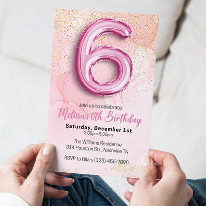 Editable Pink 6th Birthday Invitation Template, Glitter Girl Birthday Party Invite, Pink Foil Girl Sixth Birthday Invite, Instant Download