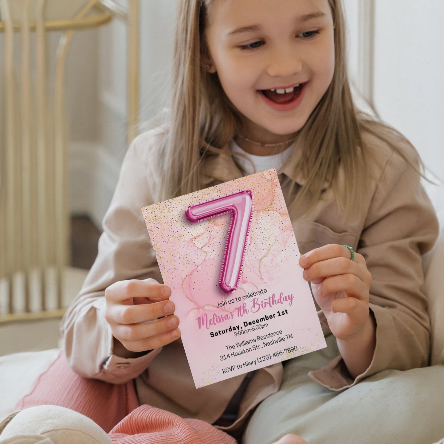 Editable Pink 7th Birthday Invitation Template, Glitter Girl Birthday Party Invite, Pink Foil Girl Seventh Birthday Invite, Instant Download