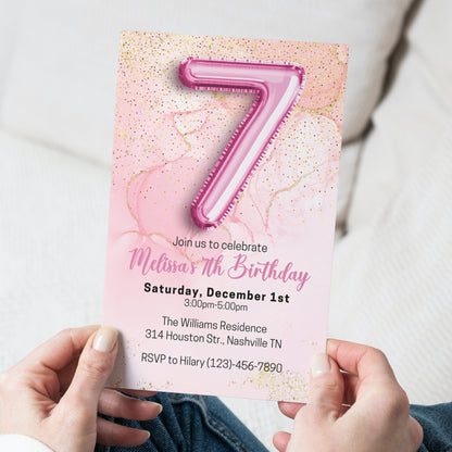 Editable Pink 7th Birthday Invitation Template, Glitter Girl Birthday Party Invite, Pink Foil Girl Seventh Birthday Invite, Instant Download