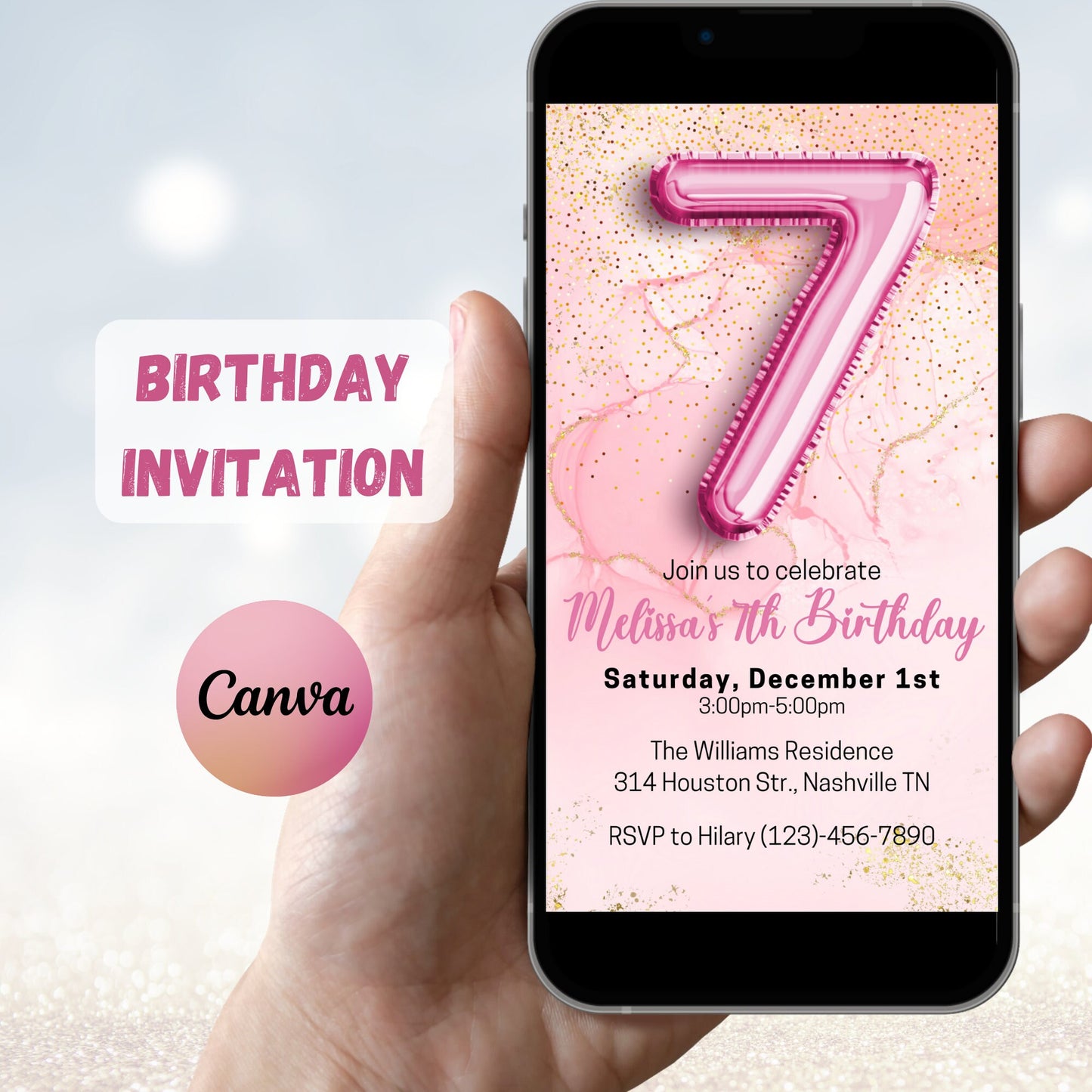 Editable Pink 7th Birthday Invitation Template, Glitter Girl Birthday Party Invite, Pink Foil Girl Seventh Birthday Invite, Instant Download