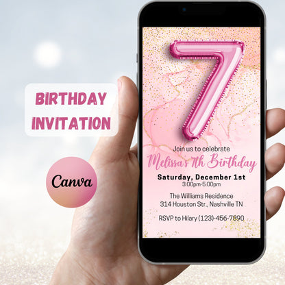 Editable Pink 7th Birthday Invitation Template, Glitter Girl Birthday Party Invite, Pink Foil Girl Seventh Birthday Invite, Instant Download