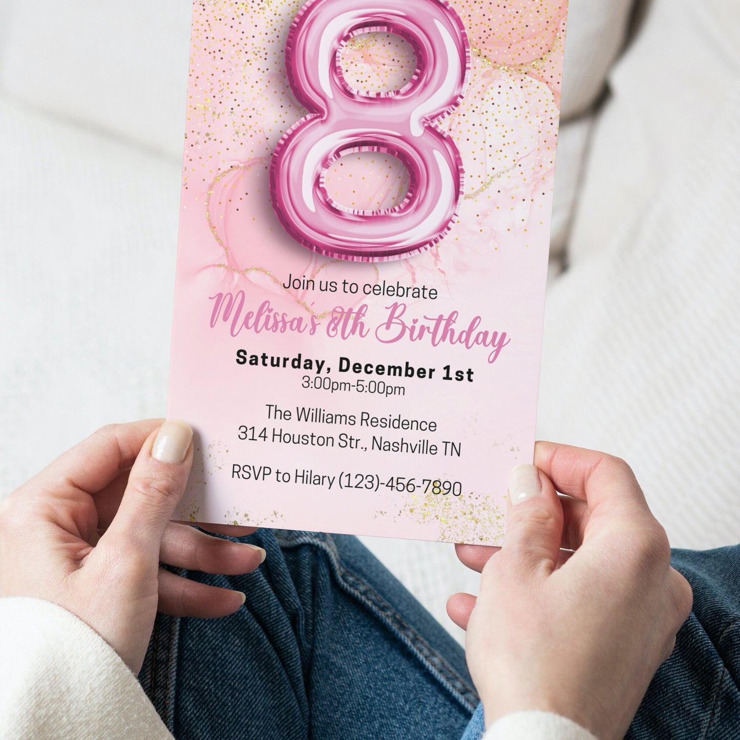 Editable Pink 8th Birthday Invitation Template, Glitter Girl Birthday Party Invite, Pink Foil Girl Eighth Birthday Invite, Instant Download