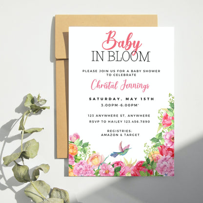 Baby in Bloom Invitation, Baby in Bloom Baby Shower Invitation, Floral Invitation, Floral Baby Shower, Editable Template, Instant Download