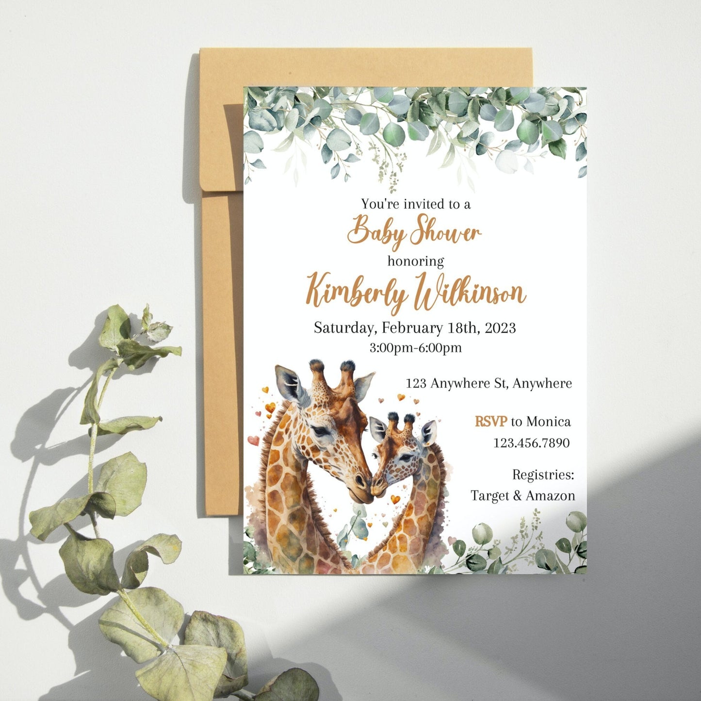 Giraffe Baby Shower Invitation, Gender Neutral Safari Baby Shower Invite, Tropical Jungle Girl Boy Baby Shower, Editable Printable Download