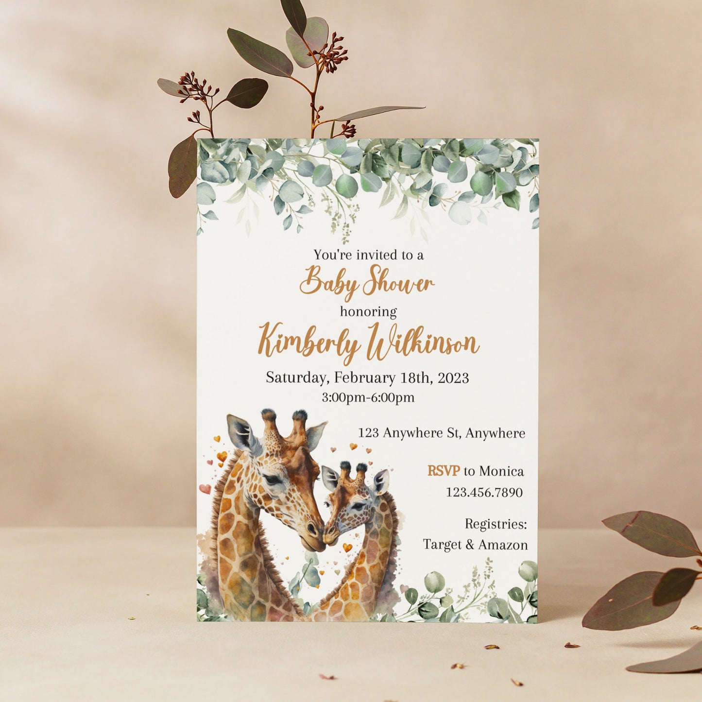 Giraffe Baby Shower Invitation, Gender Neutral Safari Baby Shower Invite, Tropical Jungle Girl Boy Baby Shower, Editable Printable Download