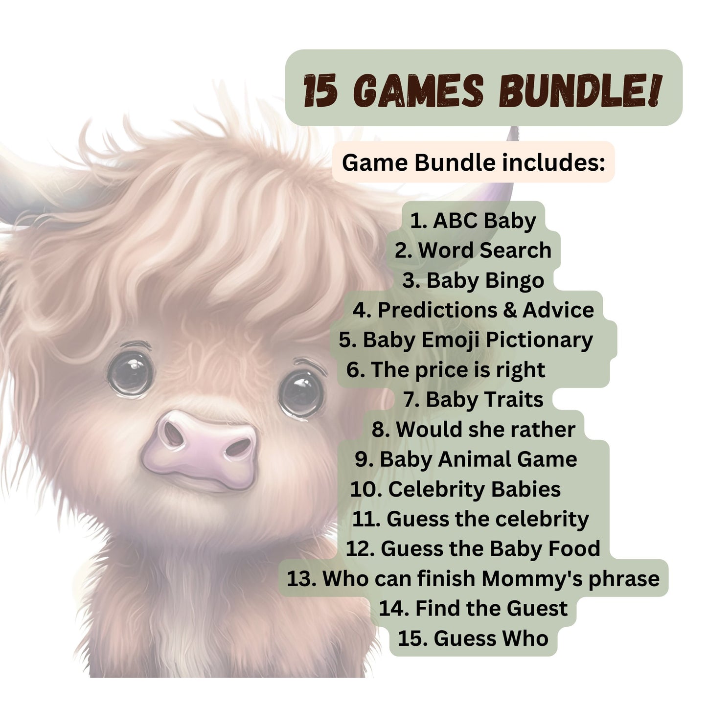 15 Highland Cow Baby Shower Games, Boho Cow Baby Shower Game Bundle, Holy Cow Baby Shower Game Bundle, Fun Baby Shower, Instant Download