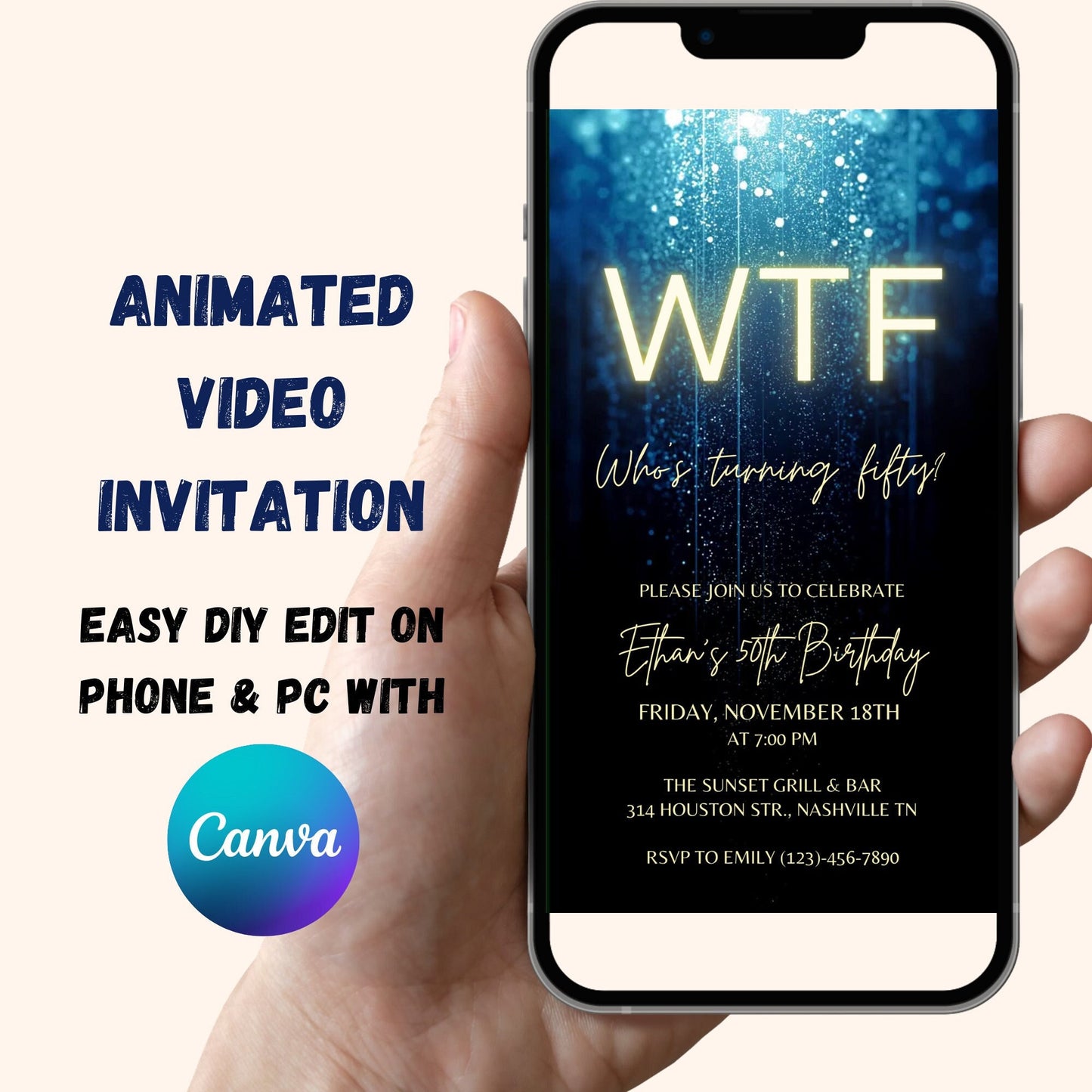 50th Video Birthday Invitation, WTF Who's Turning Fifty Animated Birthday Invite, Blue Glitter, Editable Template, Instant Download