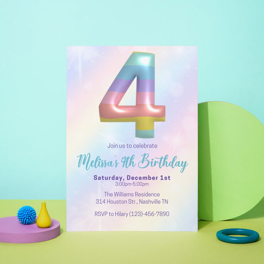 Editable Rainbow 4th Birthday Invitation Template, Rainbow Girl Birthday Party Invite, Balloon Girl Fourth Birthday Invite, Instant Download