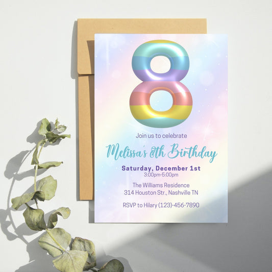 Editable Rainbow 8th Birthday Invitation Template, Rainbow Girl Birthday Party Invite, Balloon Girl Eighth Birthday Invite,Instant Download