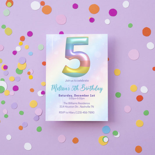 Editable Rainbow 5th Birthday Invitation Template, Rainbow Girl Birthday Party Invite, Balloon Girl Fifth Birthday Invite, Instant Download