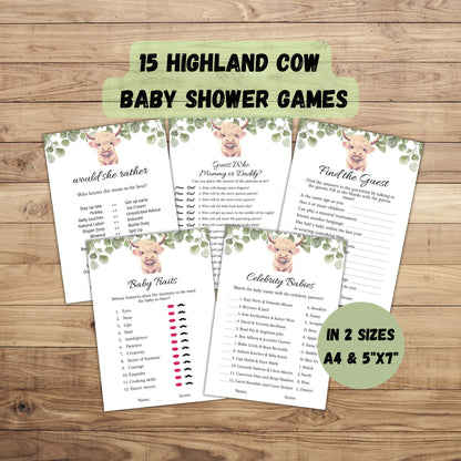 Boho Highland Cow Baby Shower Invitation Bundle with Games, Gender Neutral Cow Baby Shower, Holy Cow Baby Shower Invitation Set, Editable