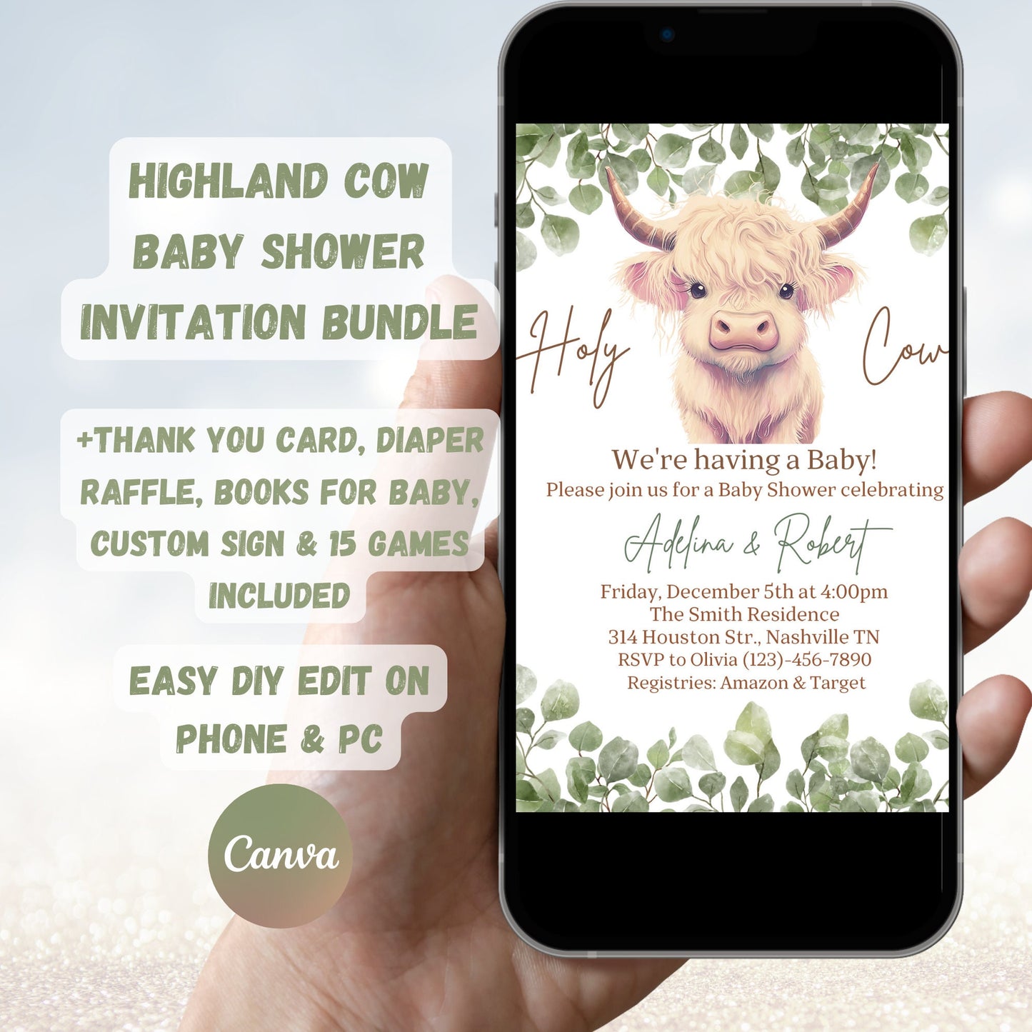 Boho Highland Cow Baby Shower Invitation Bundle with Games, Gender Neutral Cow Baby Shower, Holy Cow Baby Shower Invitation Set, Editable