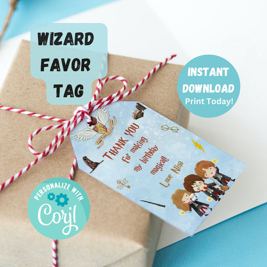 Wizard Birthday Party Favor Tag Editable Template, Wizard Thank You Tag, Magical Wizardry Birthday Goodie Bag Label, Boy Wizard Gift Tag