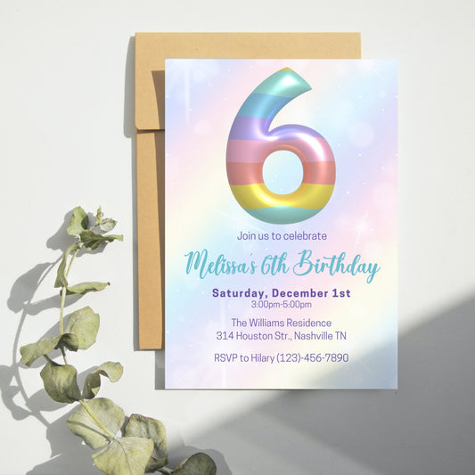 Editable Rainbow 6th Birthday Invitation Template, Rainbow Girl Birthday Party Invite, Balloon Girl Sixth Birthday Invite, Instant Download