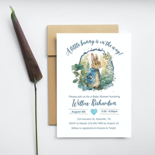 Editable Peter Rabbit Baby Shower Invitation Boy Blue Rustic Peter Rabbit Invitation Little Bunny Spring Sprinkle Template Instant Download