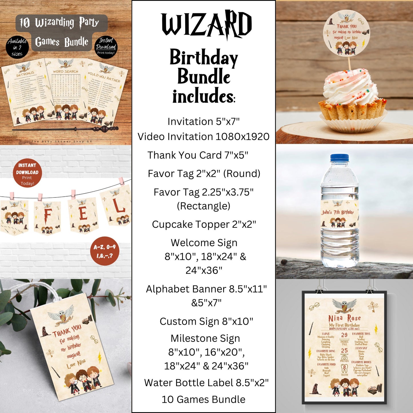 Wizard Birthday Invitation Bundle, Editable Printable Magical Birthday Party Bundle, Witch Kids Party Decor, Boys & Girls Wizard Invitation